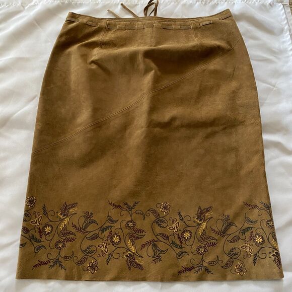 Y2K EXPRESS Leather Pencil Skirt Floral Hem, sz 5/6 western Cowgirl Boho Tan - Picture 5 of 9